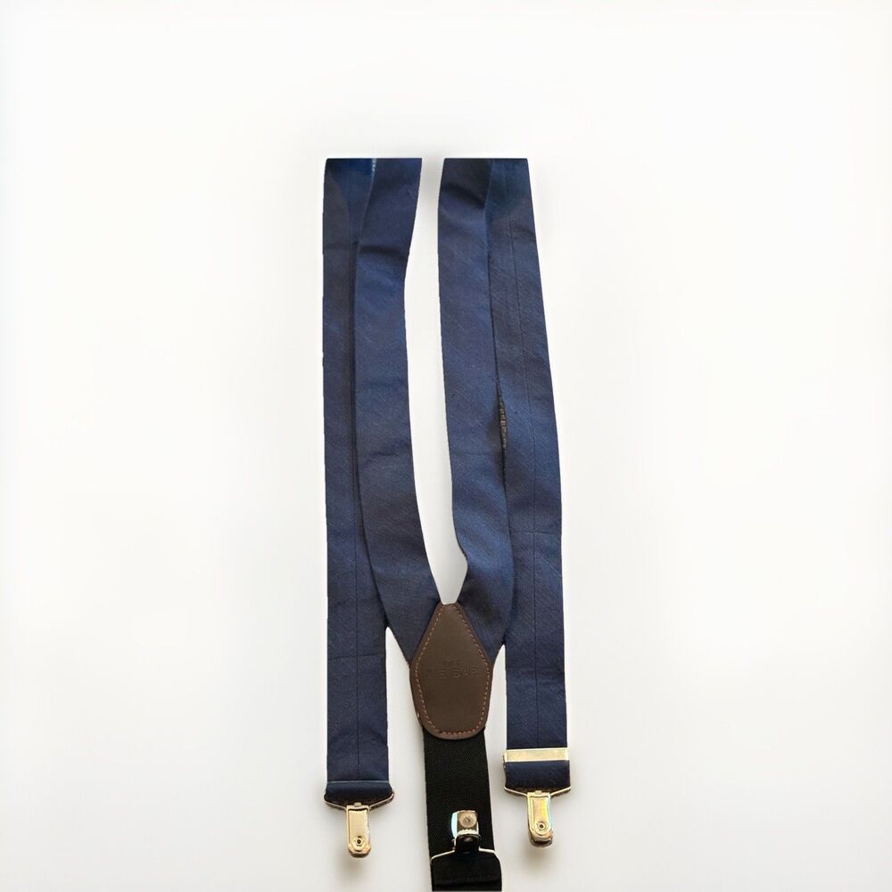 The Tie Bar Blue Y-Back Clip-On Suspenders Adjustable Silk Linen Leather Trim